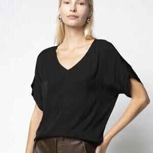 Naked Zebra V-Neck Satin Top Self Bands Sleeve Blk Blouse Sz L Boutique NWT Flaw